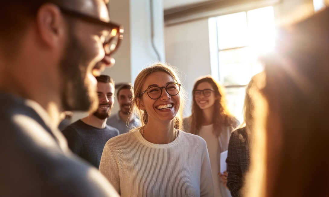 Lächelnde junge Menschen in einem sonnendurchfluteten Büro bei einem lockeren Teammeeting oder Workshop